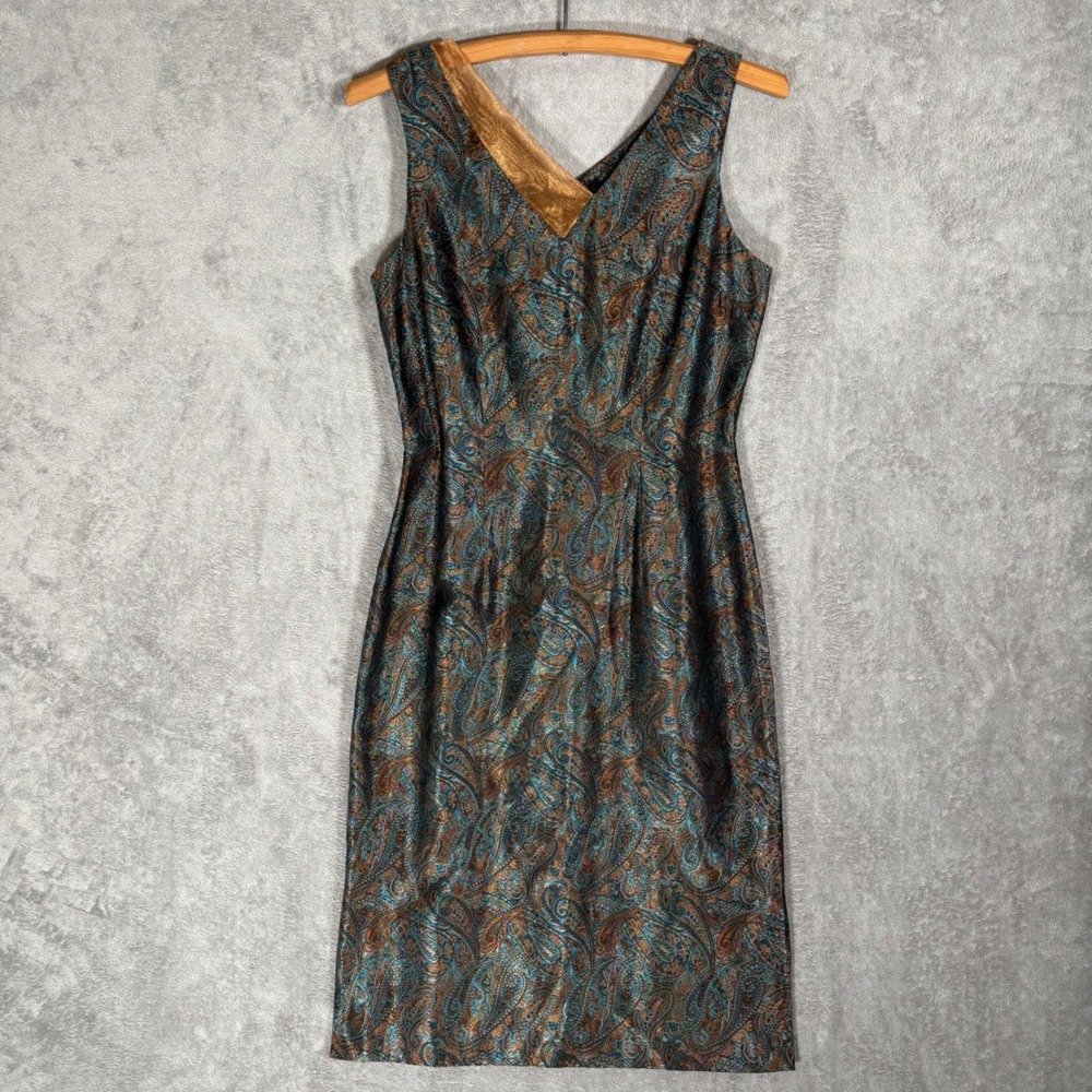 Althuser Vintage 100% Silk Paisley Brocade V-Neck Sheath Dress Teal Copper 4